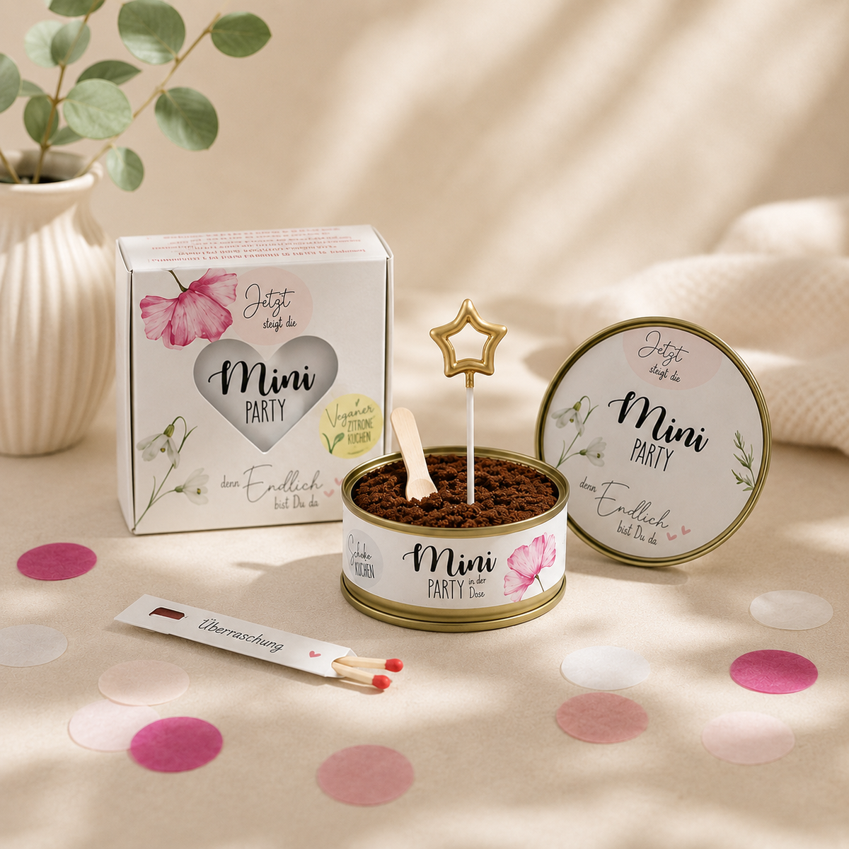 Mini-Party-To-Go – Kuchen zur Geburt in der Dose mit Kerze & Streichholz (100g)