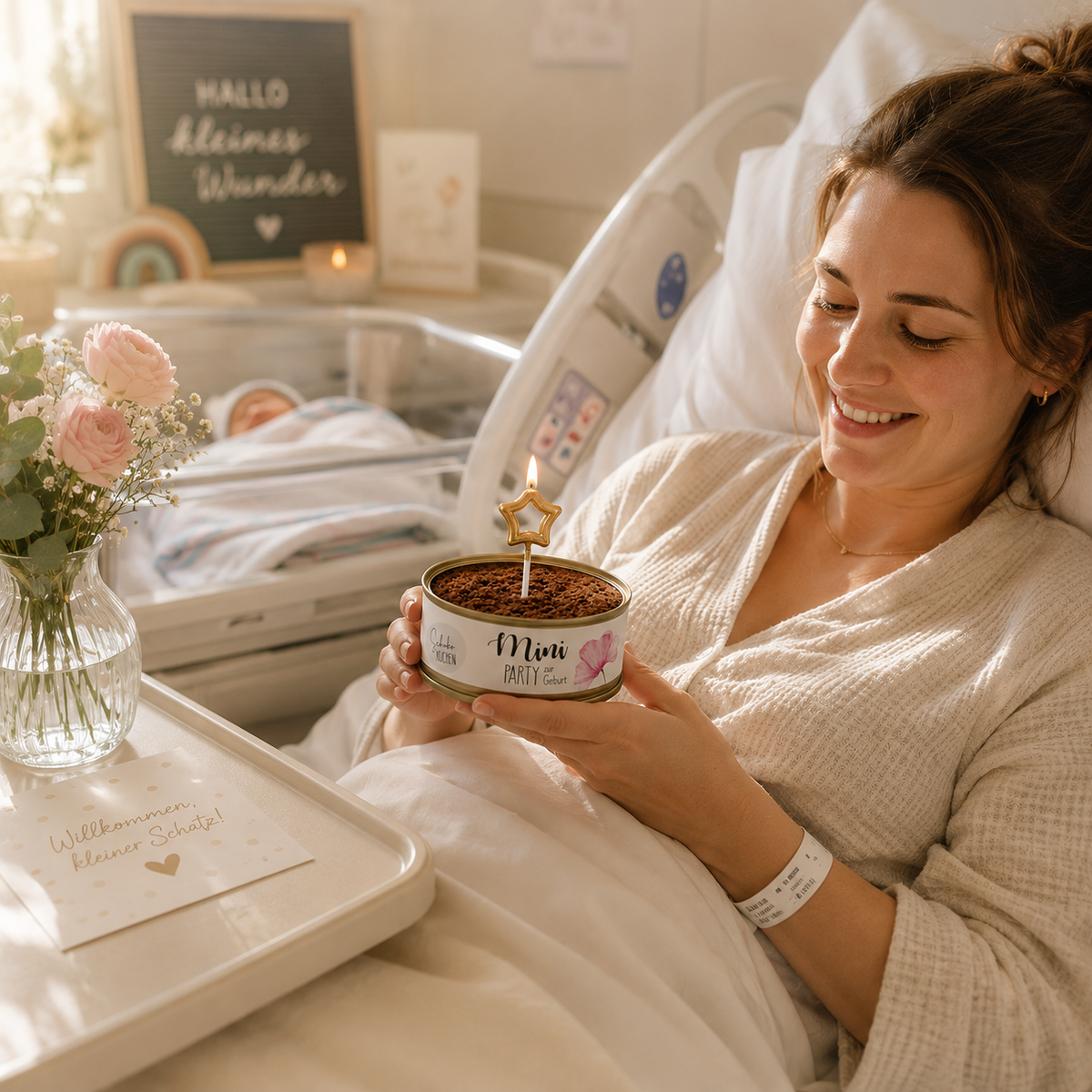 Mini-Party-To-Go – Kuchen zur Geburt in der Dose mit Kerze & Streichholz (100g)