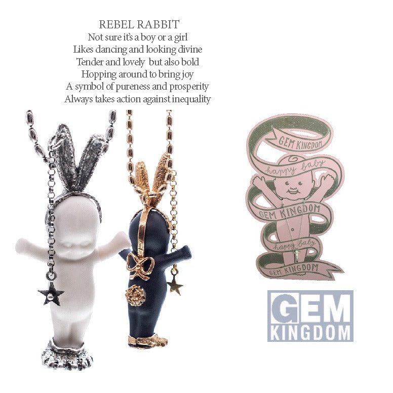 Kette Happy Baby "Rebel Rabbit" aus 925er Sterlingsilber von Gem Kingdom - Talisman zur Geburt - mit Initialenbox