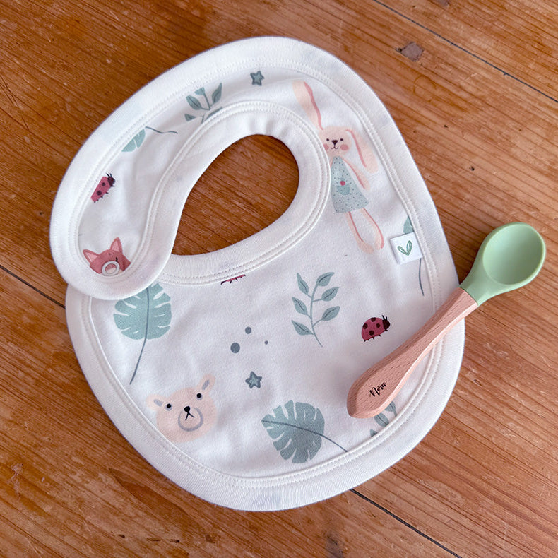 Set Löffelchen und Lätzchen aus Bio-Baumwolle für kleine Entdecker