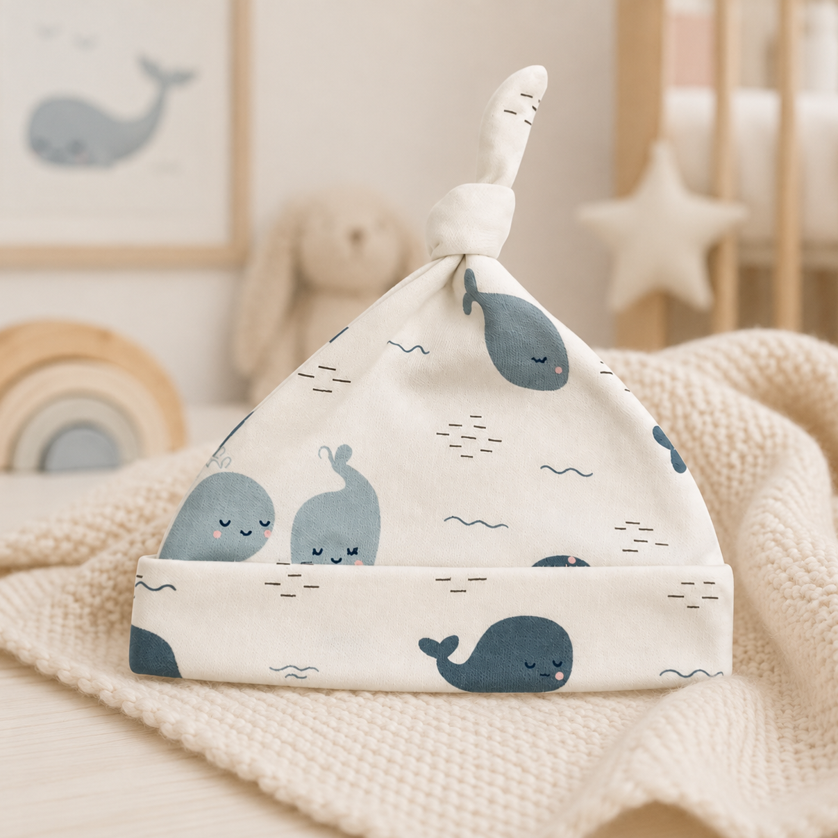 Weiche Baby-Mütze "Wal" aus Bio-Baumwolle – hautfreundlich & warm