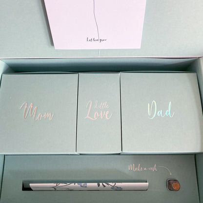 We Are Family Geschenkbox zur Geburt – Geschenkidee für Mama, Papa & Baby mit Bambussocken, 7 teilig