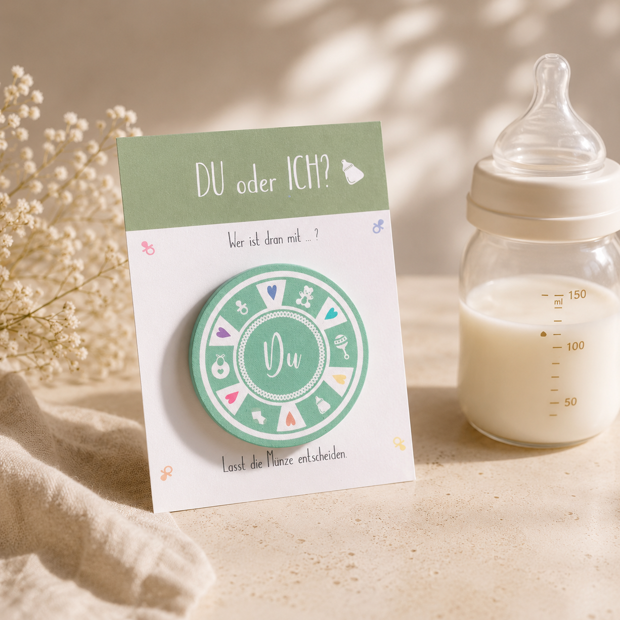 Entscheidungsmünze "Du oder Ich" Geschenk zur Geburt, Babyparty und für junge Familien