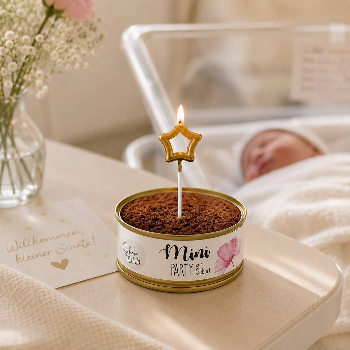 Mini-Party-To-Go – Kuchen zur Geburt in der Dose mit Kerze & Streichholz (100g)