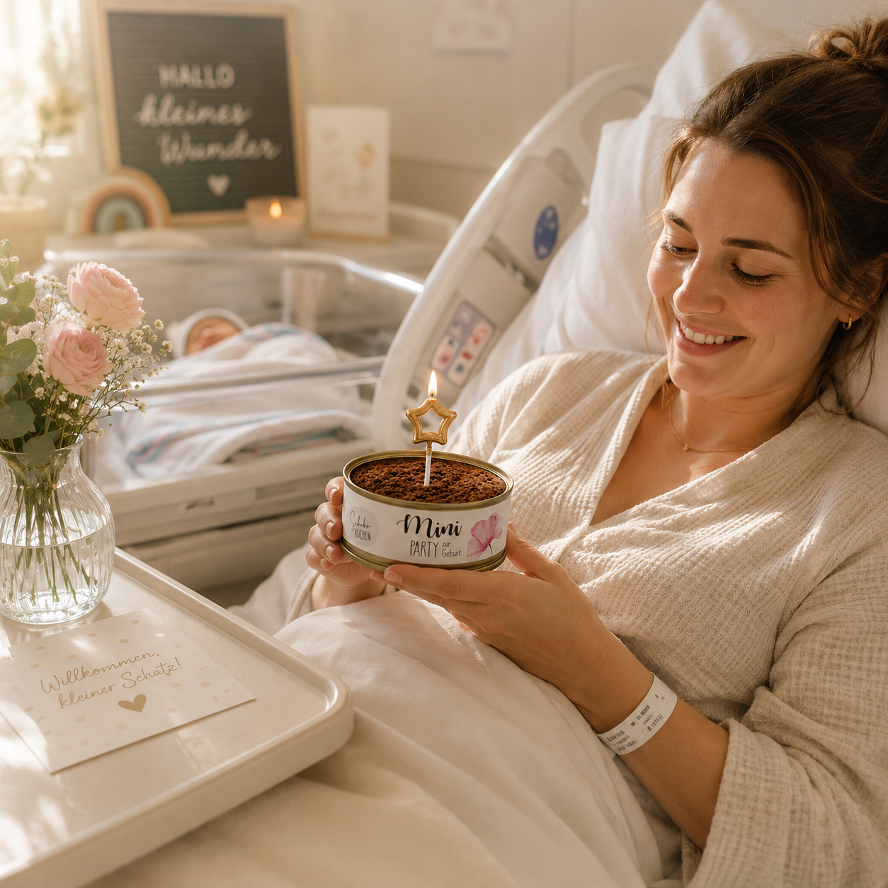 Mini-Party-To-Go – Kuchen zur Geburt in der Dose mit Kerze & Streichholz (100g)