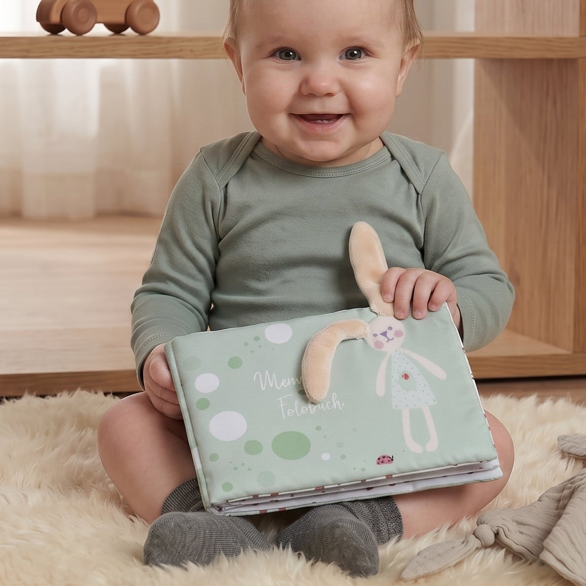 Weiches Stoff-Fotoalbum "Wer gehört zu mir" für Babys & Kleinkinder – Mein erstes Fotobuch mit Platz für 5 austauschbare Fotos