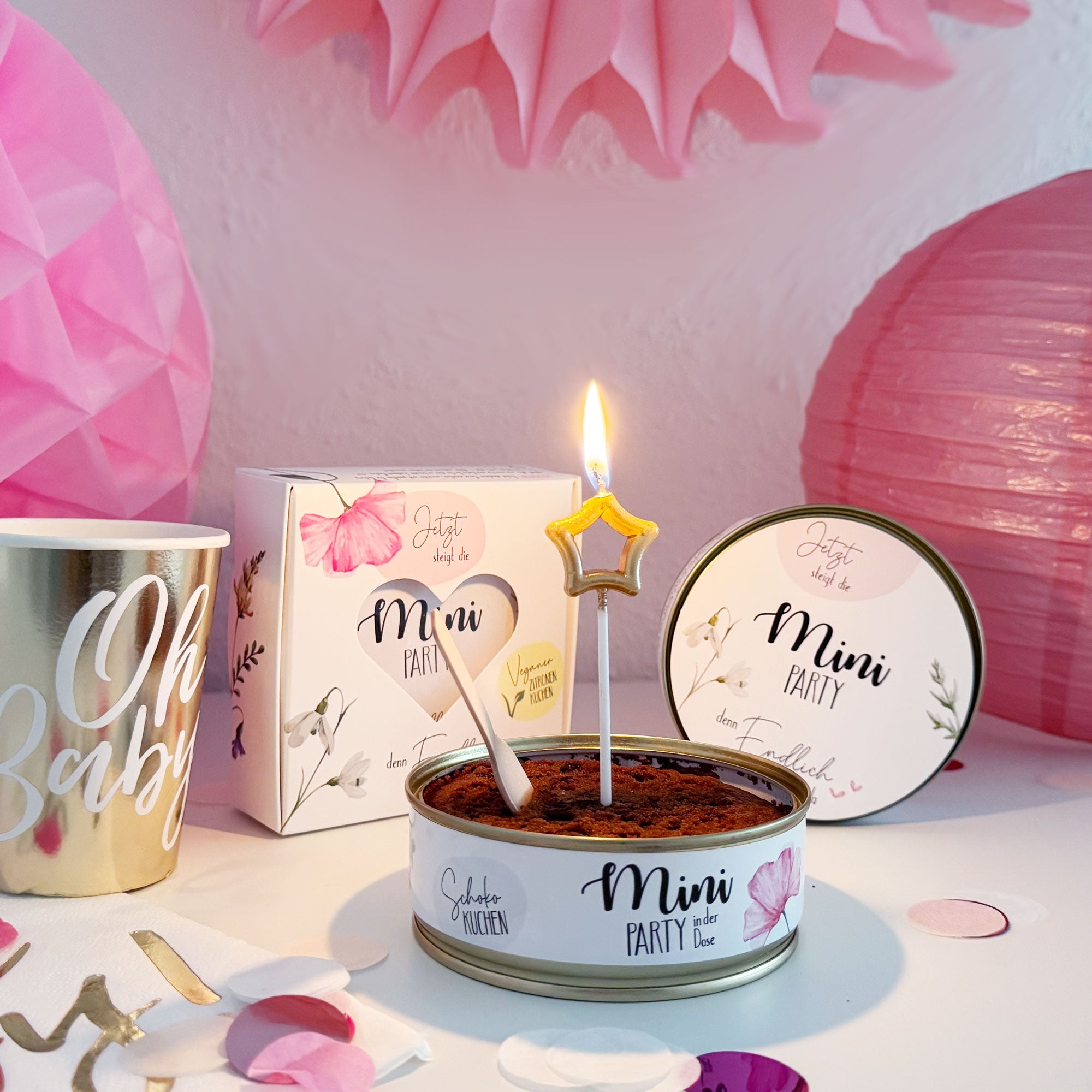Mini-Party-To-Go – Kuchen zur Geburt in der Dose mit Kerze & Streichholz (100g)