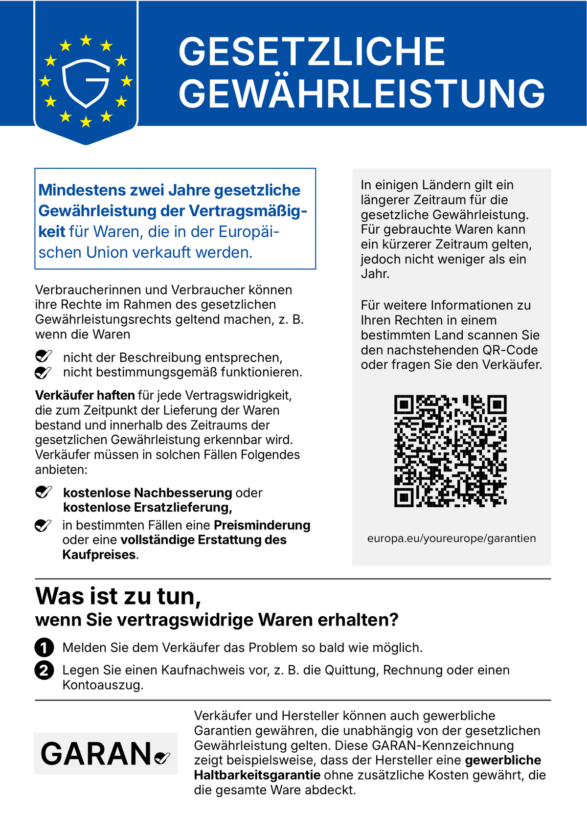 EU-Hinweis zur gesetzlichen Gewährleistung: mindestens zwei Jahre gesetzliche Gewährleistung für Waren, die in der Europäischen Union verkauft werden