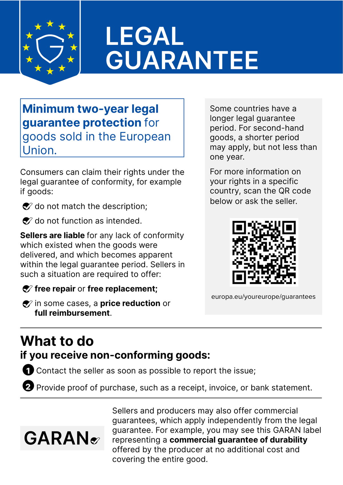 EU legal guarantee notice: minimum two-year legal guarantee for goods sold in the European Union